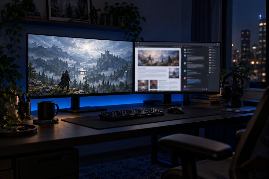 Two monitors on a dark desk, a fantasy game filling the left screen edge to edge and a browser on the right