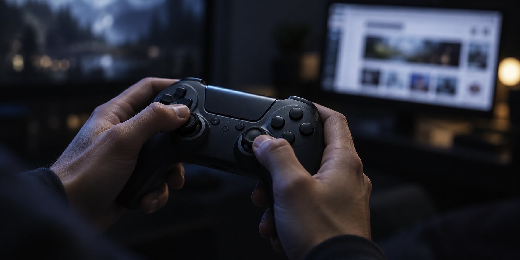 Hands on a controller while a web browser is open on the second monitor