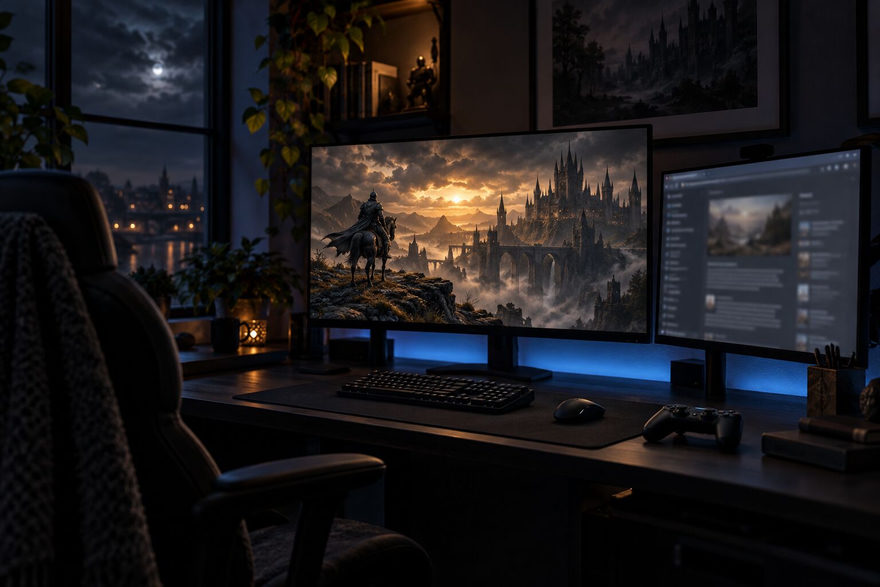 A knight on horseback facing a gothic castle on one monitor, a browser on the other and a controller on the desk