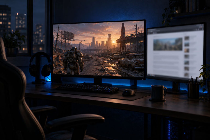 A wanderer in heavy armour in a ruined retro-futuristic city on one monitor and a browser on the other