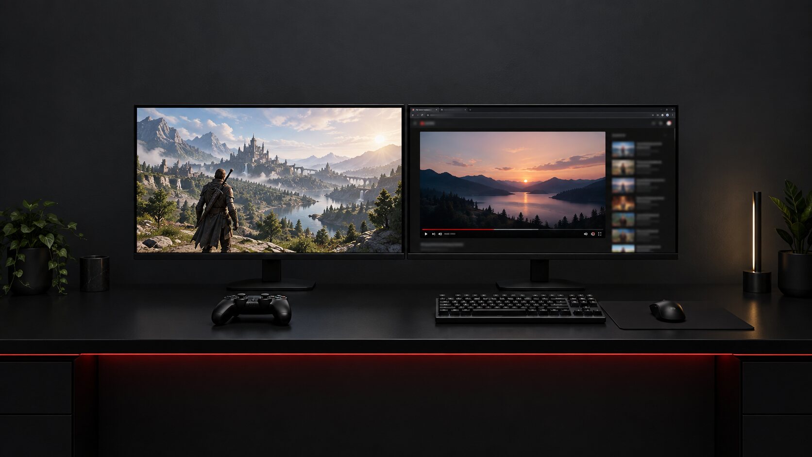 A two-monitor desk with a game on the left screen, a web browser on the right screen and a controller on the desk