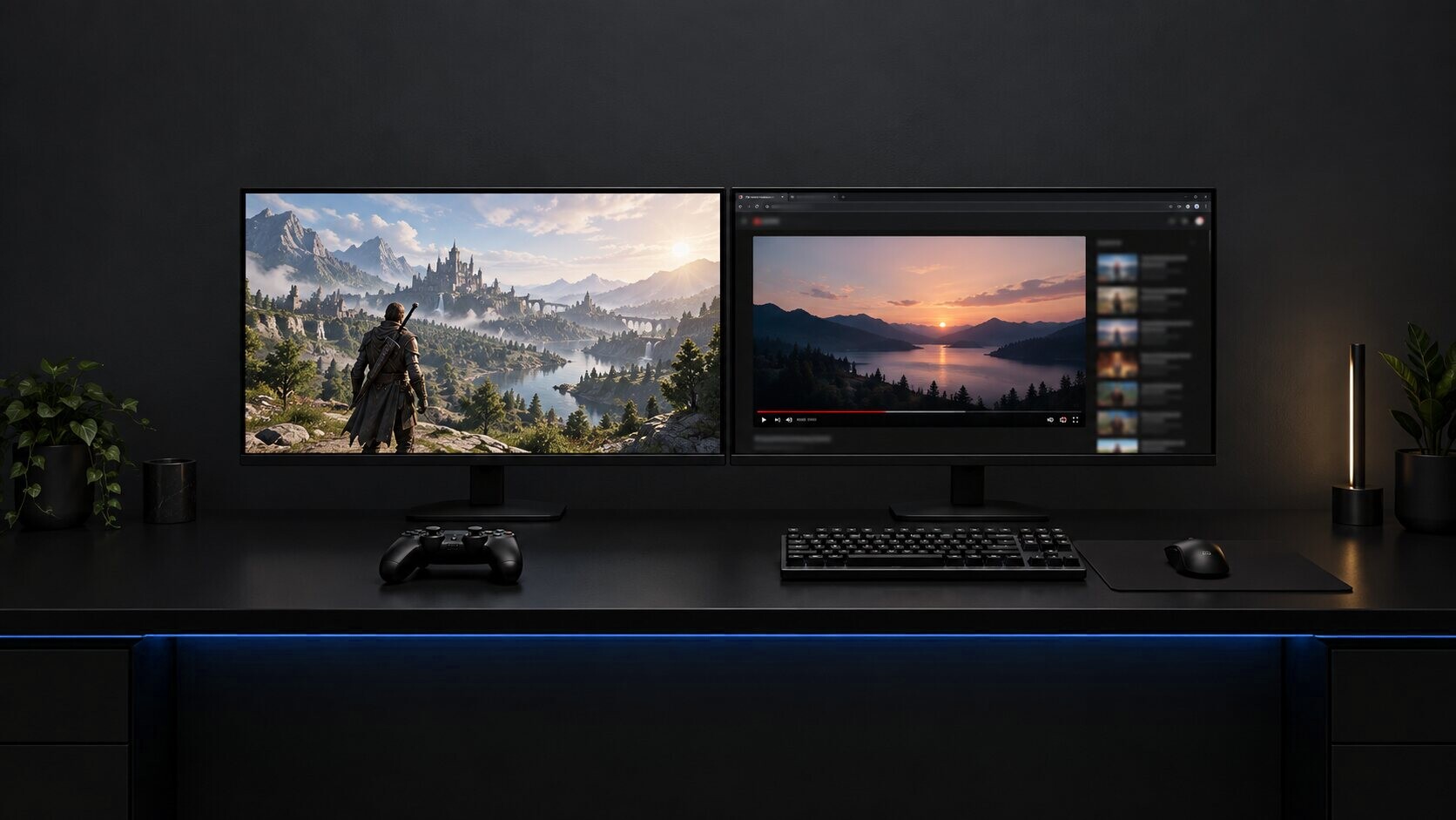A two-monitor desk with a game on the left screen, a web browser on the right screen and a controller on the desk