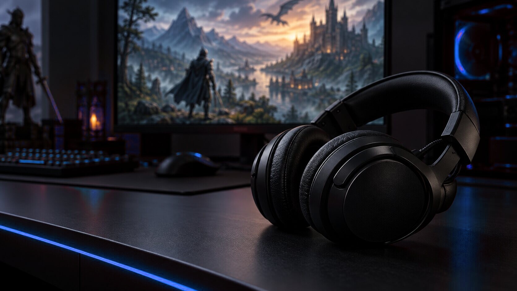 Gaming headphones on a desk in front of a monitor showing a game