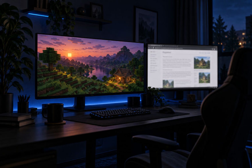A blocky sandbox world at sunset filling one monitor while a wiki page is open on the other