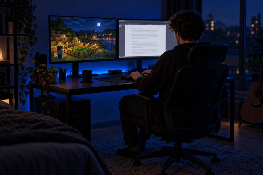 Someone typing on the right monitor while a blocky farm world keeps running on the left one