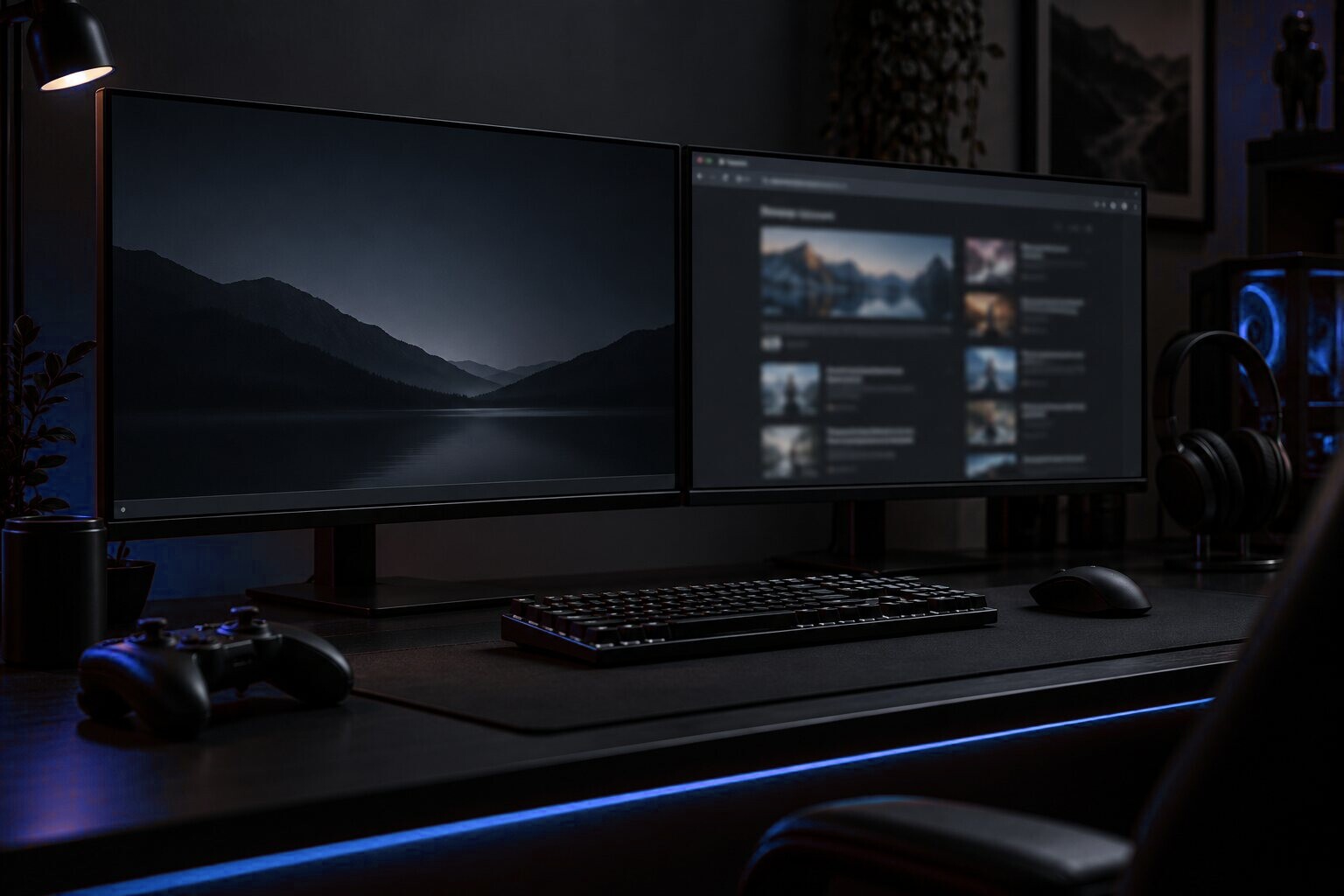 Two monitors on a dark desk, the left one showing an empty desktop where the game was