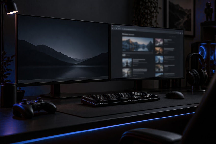 Two monitors on a dark desk, the left one showing an empty desktop where the game was