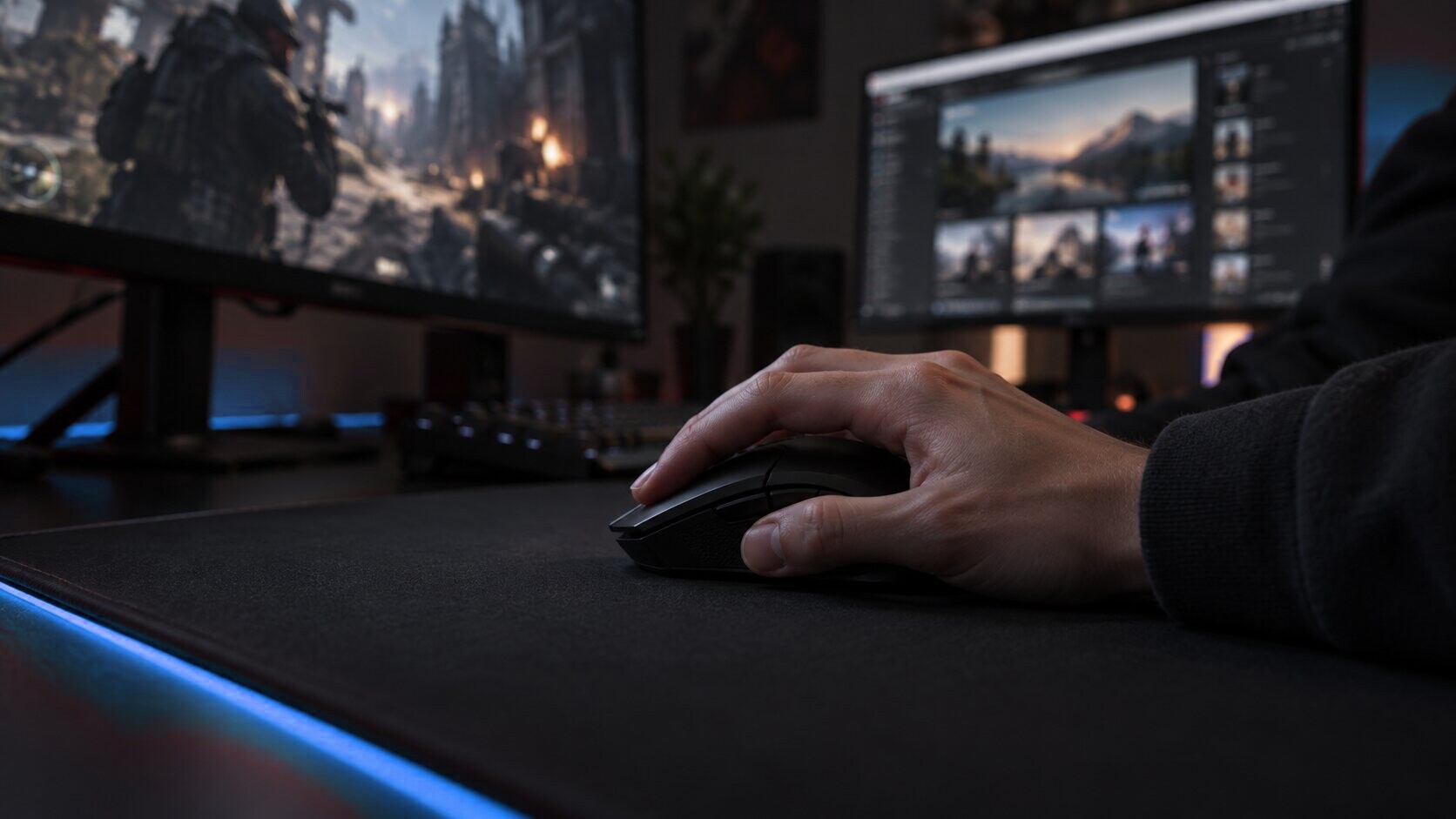 A hand on a gaming mouse with two glowing monitors behind it
