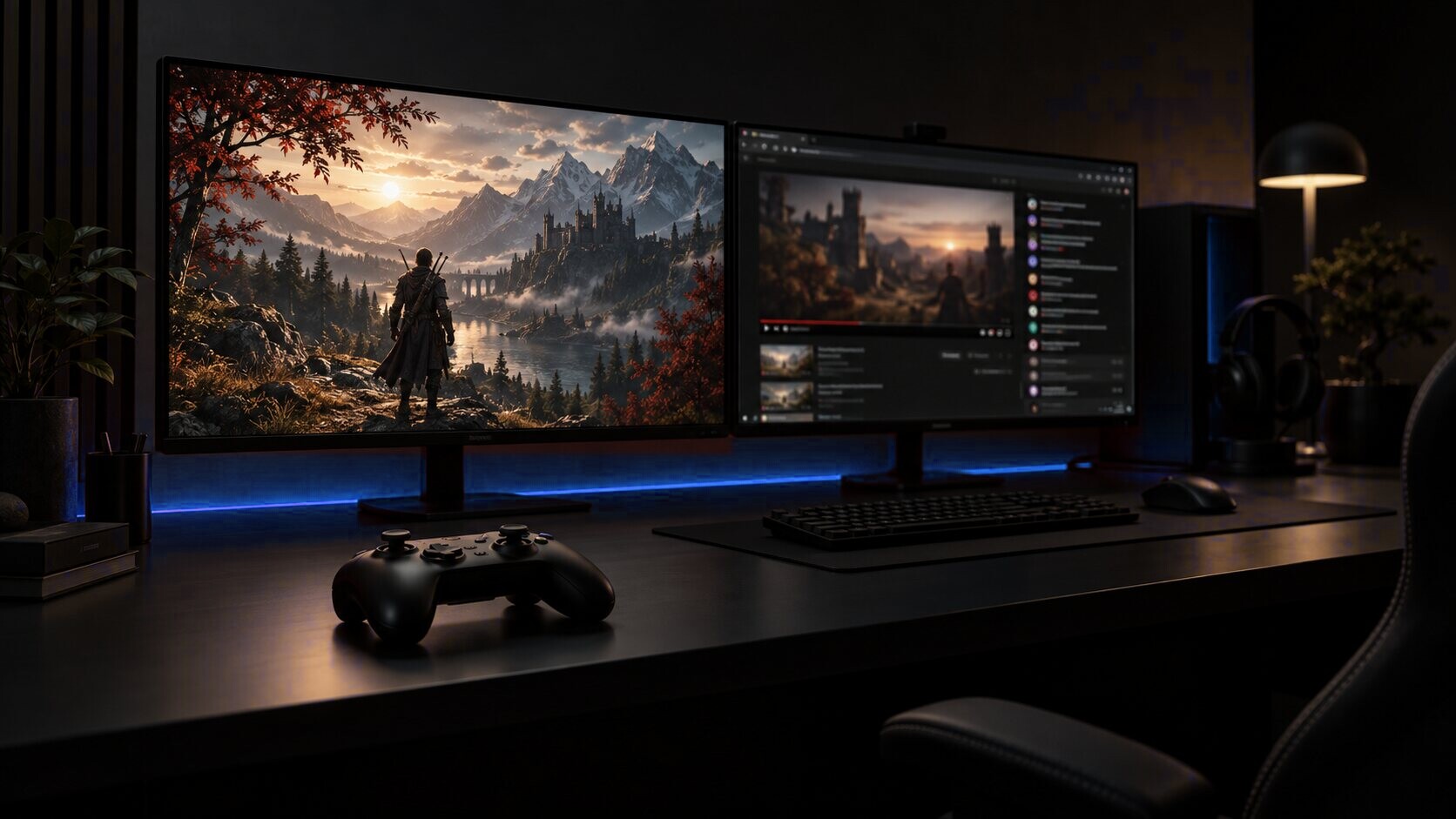 A two-monitor gaming desk at night with a game on the left screen