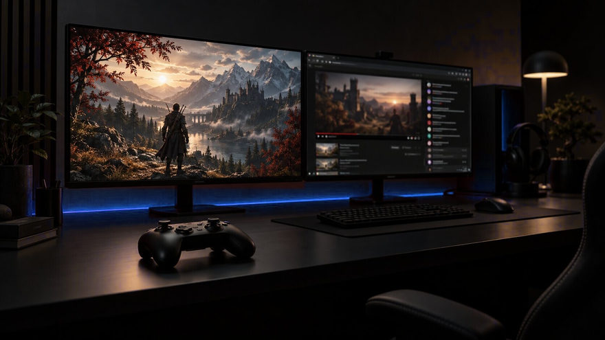 A two-monitor gaming desk at night with a game on the left screen and a browser on the right
