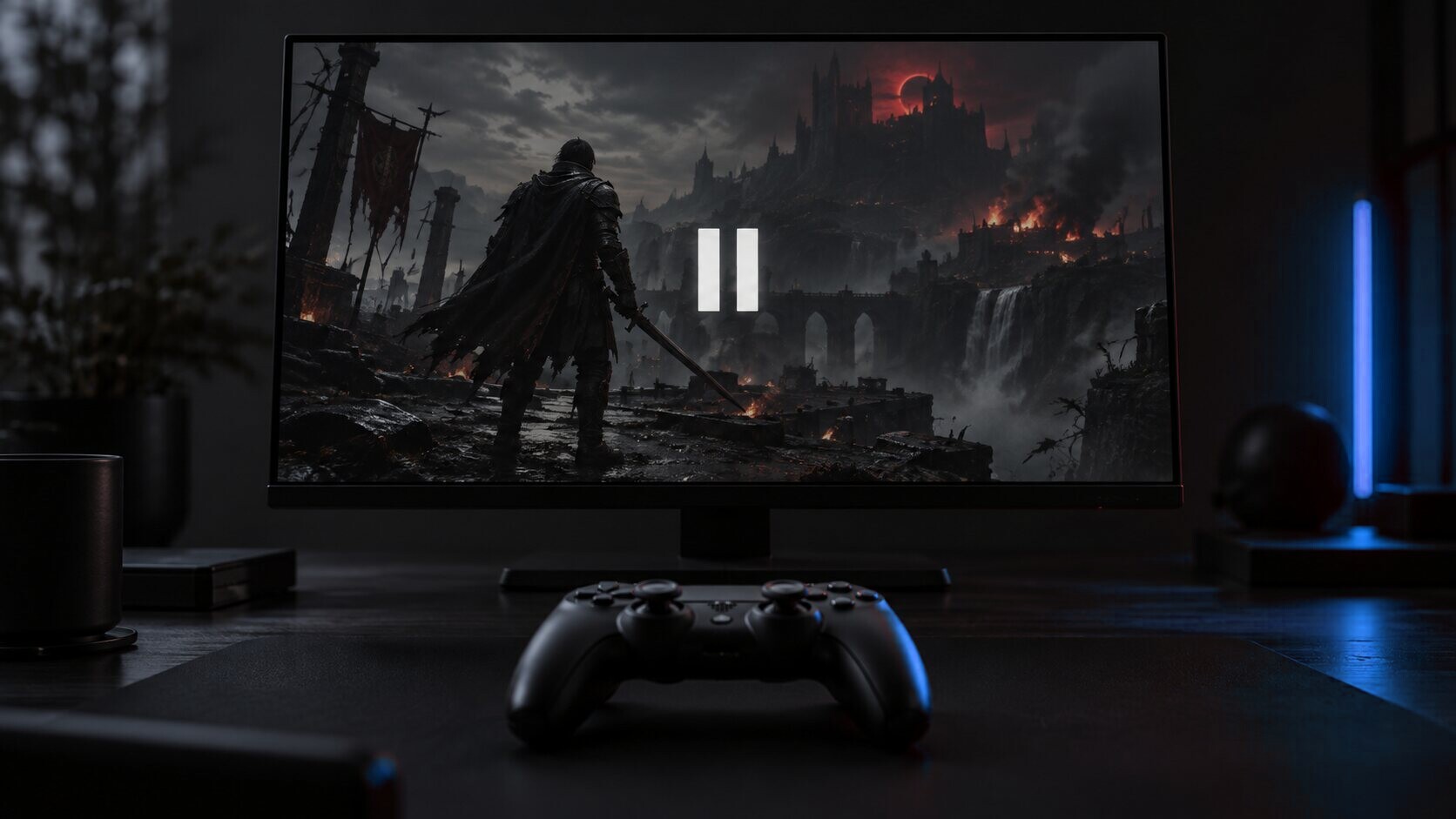 A dimmed game on a monitor with a pause symbol in the middle of the screen