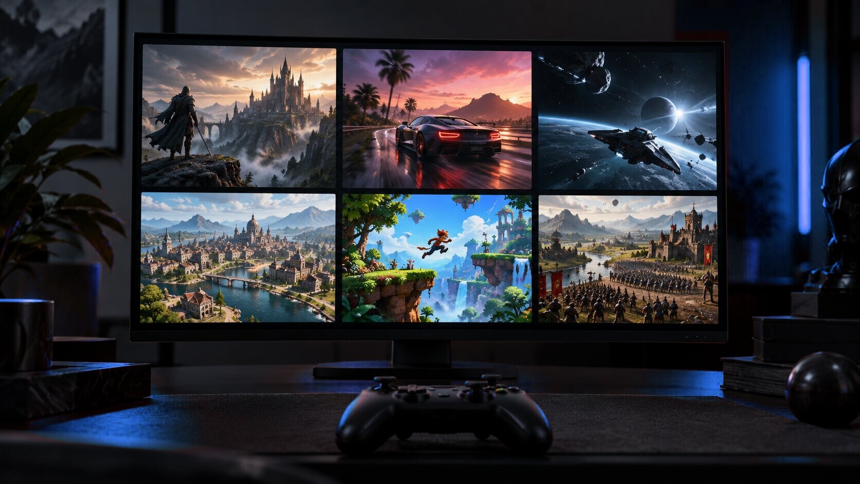 A monitor showing a grid of artwork from different games, with a controller in front