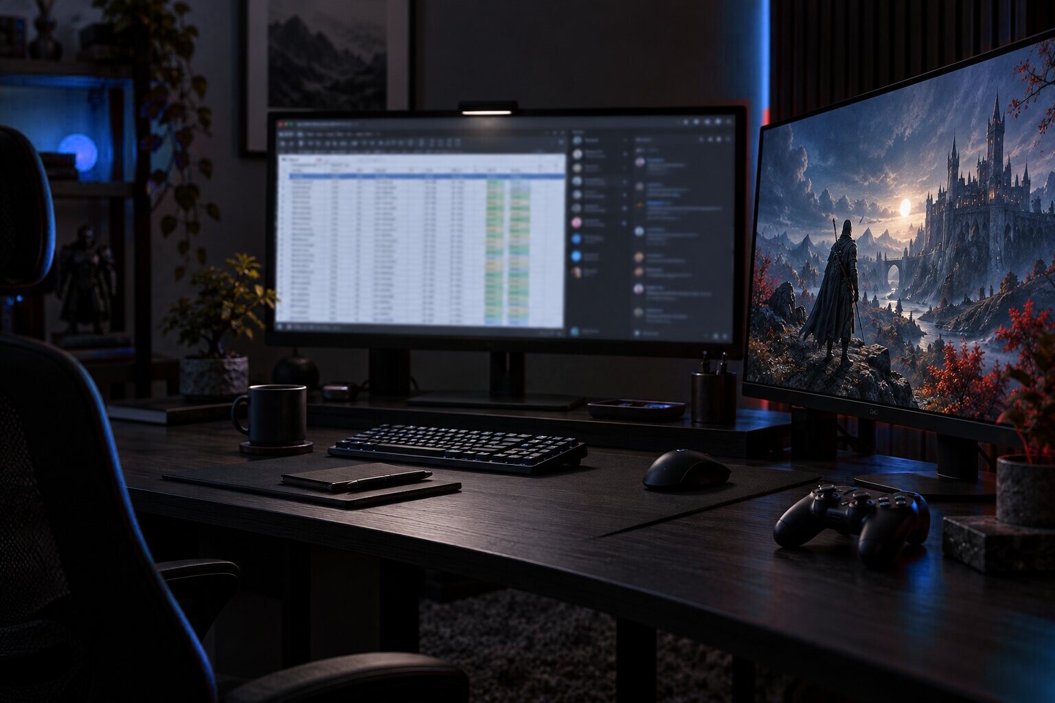 A game filling a second monitor beside a main monitor with work apps open