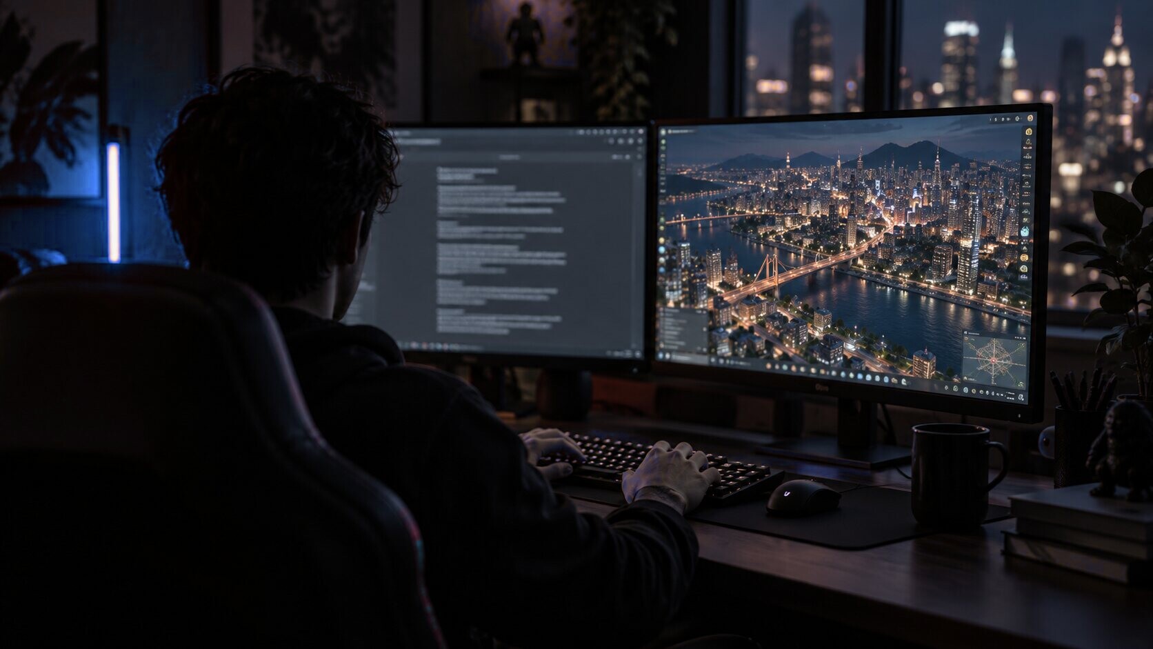 Someone typing a document on one monitor while a city-building game keeps playing on the other