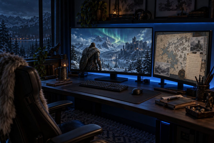 A snowy fantasy landscape under green aurora on one monitor and a map on the other