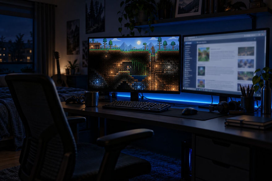 A pixel-art cave world with torches on one monitor and a wiki page on the other