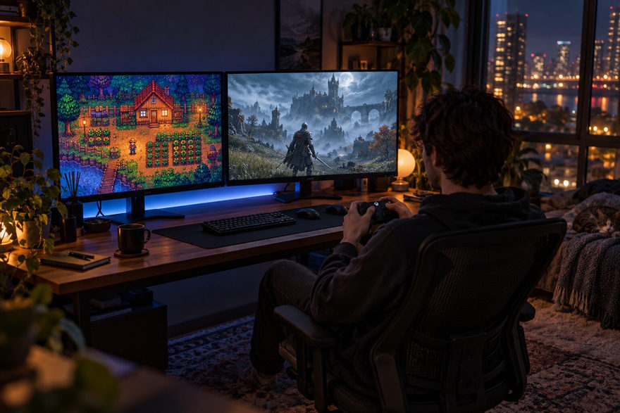 Two monitors side by side, a pixel-art farming game on the left and a fantasy action game on the right, with a controller in the player's hands
